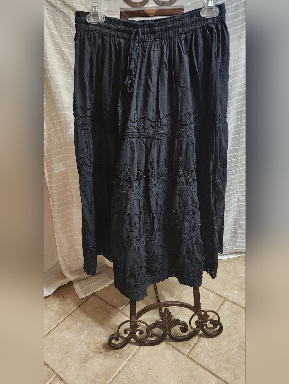 Advance Apparels Cotton Black Beaded Tiered Maxi Skirt Elastic Waist